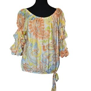 SAM & JESS Womens Paisley Ruffle Sleeve Peasant Blouse Pastel Boho Top Large